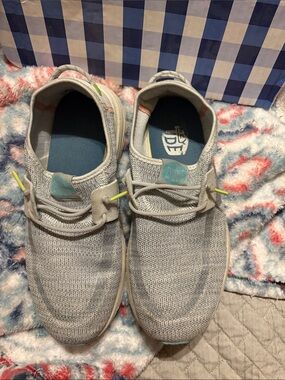 Hey Dude Light Gray Knit Slip-On Sneakers with Aqua and Neon Yellow Accents